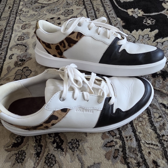 Cole Haan Shoes - Cole Haan Women's White & Black Leather Leopard-Accent Sneaker Grand Crosscourt